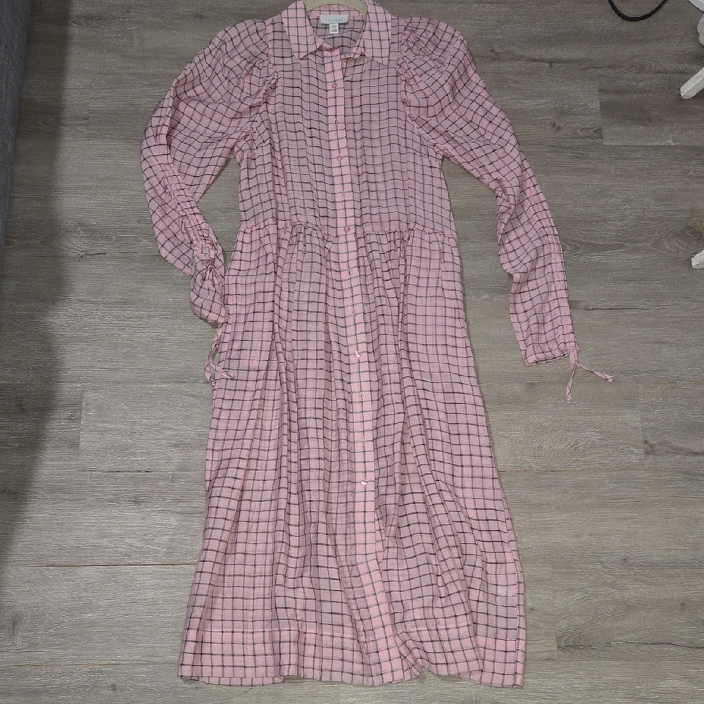 Pink Checkered Long Sleeve Dress, Duster, Sheer